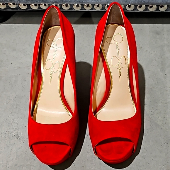 Red Suede Peep Toe Wedge Heels - Picture 2 of 5